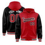 Custom Red Black Raglan Sleeves Varsity Full-Snap Letterman Two Tone Jacket Hoodie
