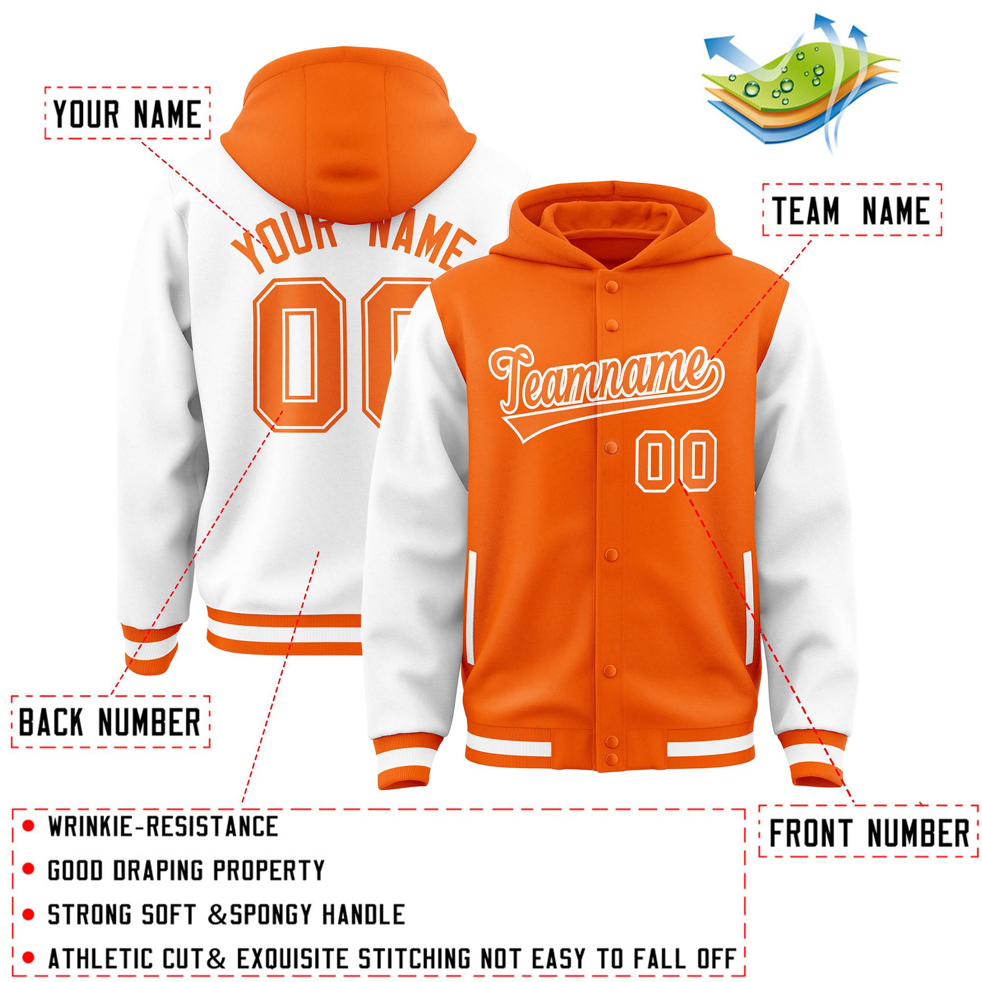 Custom Orange White Raglan Sleeves Varsity Full-Snap Letterman Two Tone Jacket Hoodie