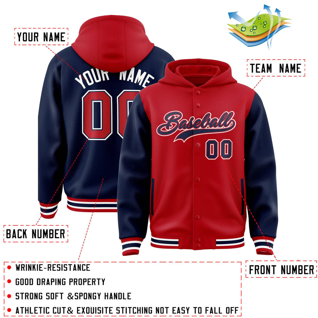 Custom Red Navy Raglan Sleeves Varsity Full-Snap Letterman Two Tone Jacket Hoodie
