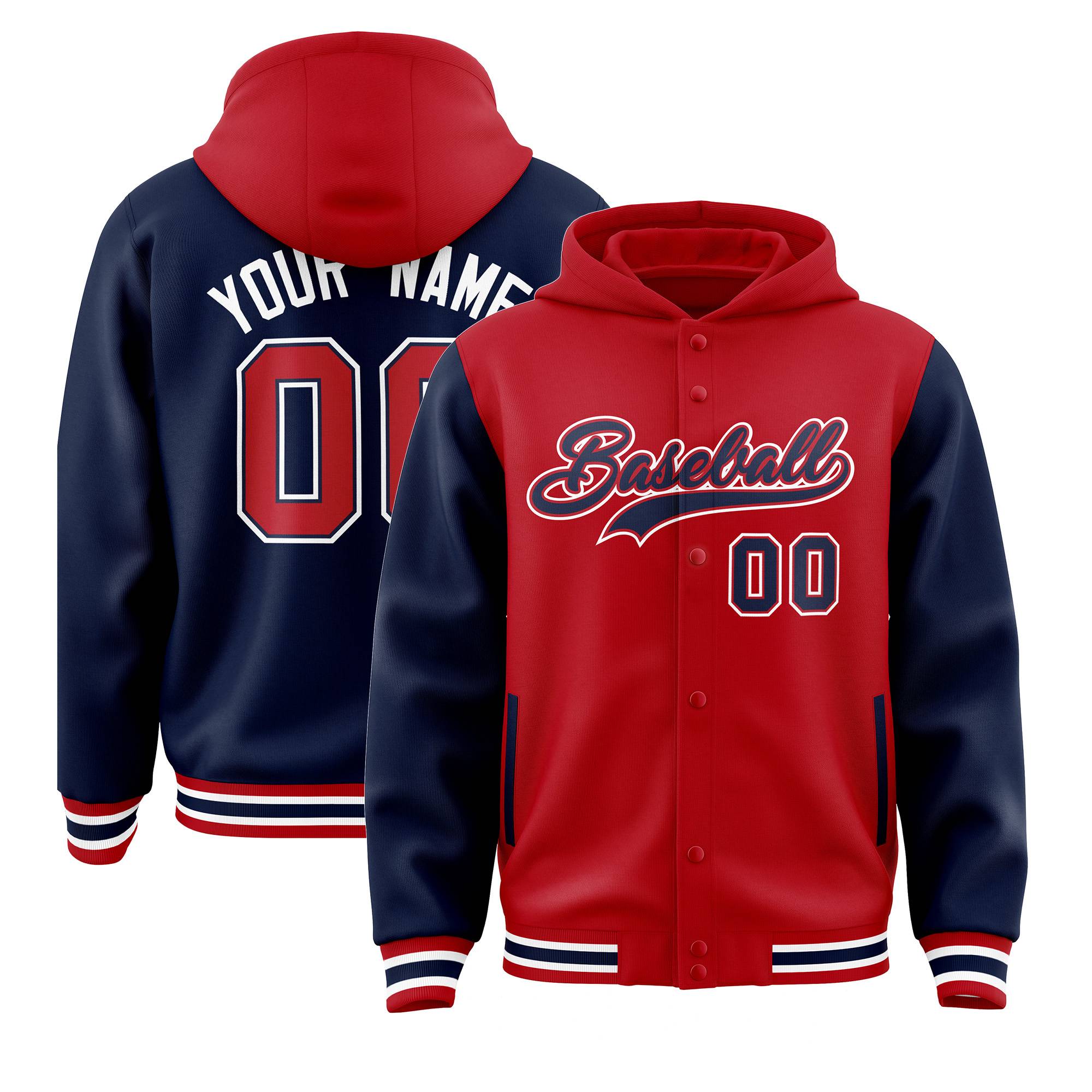 Custom Red Navy Raglan Sleeves Varsity Full-Snap Letterman Two Tone Jacket Hoodie