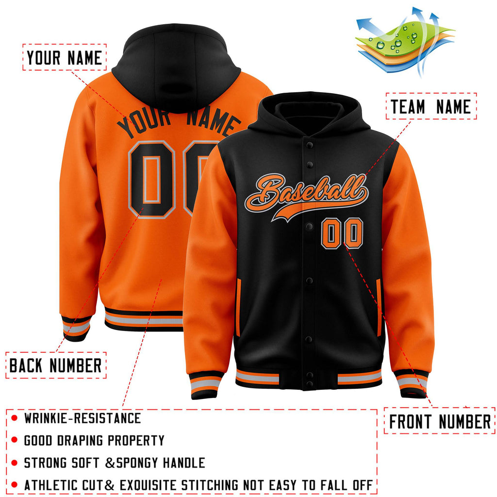 Custom Black Orange Raglan Sleeves Varsity Full-Snap Letterman Two Tone Jacket Hoodie