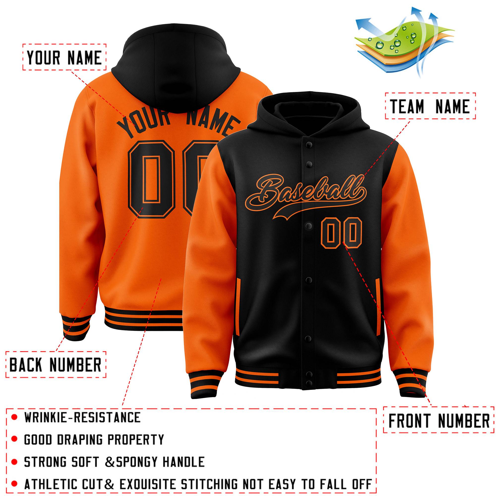 Custom Black Orange Raglan Sleeves Varsity Full-Snap Letterman Two Tone Jacket Hoodie