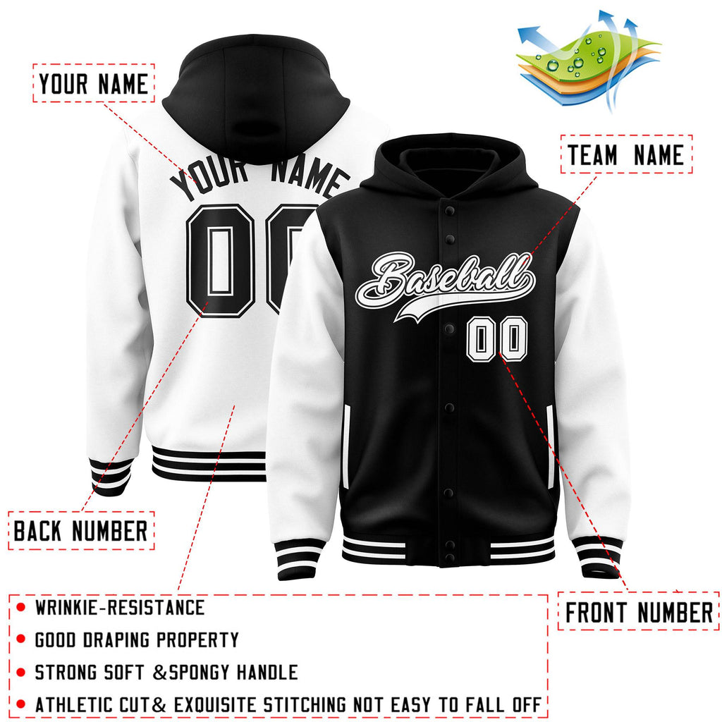 Custom Black White Raglan Sleeves Varsity Full-Snap Letterman Two Tone Jacket Hoodie