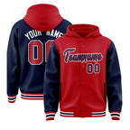 Custom Red Navy Raglan Sleeves Varsity Full-Snap Letterman Two Tone Jacket Hoodie