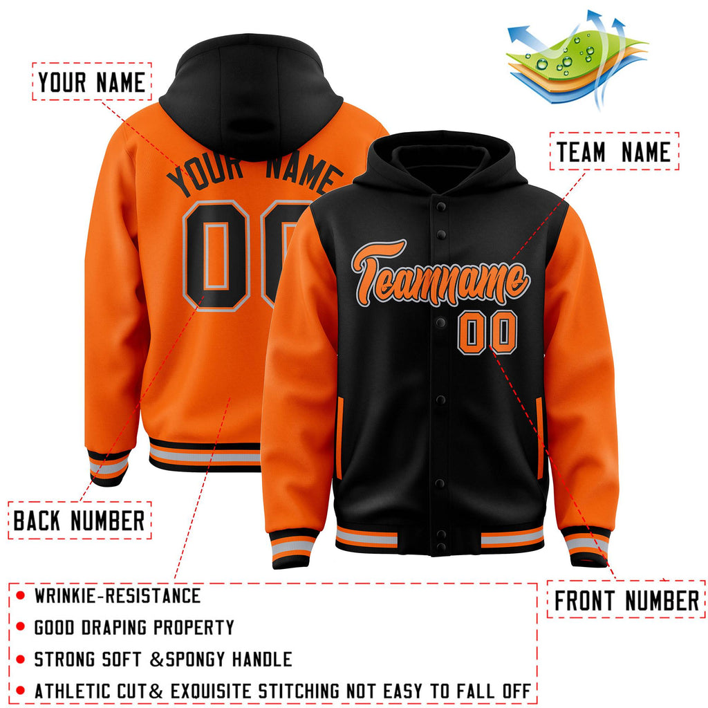 Custom Black Orange Raglan Sleeves Varsity Full-Snap Letterman Two Tone Jacket Hoodie