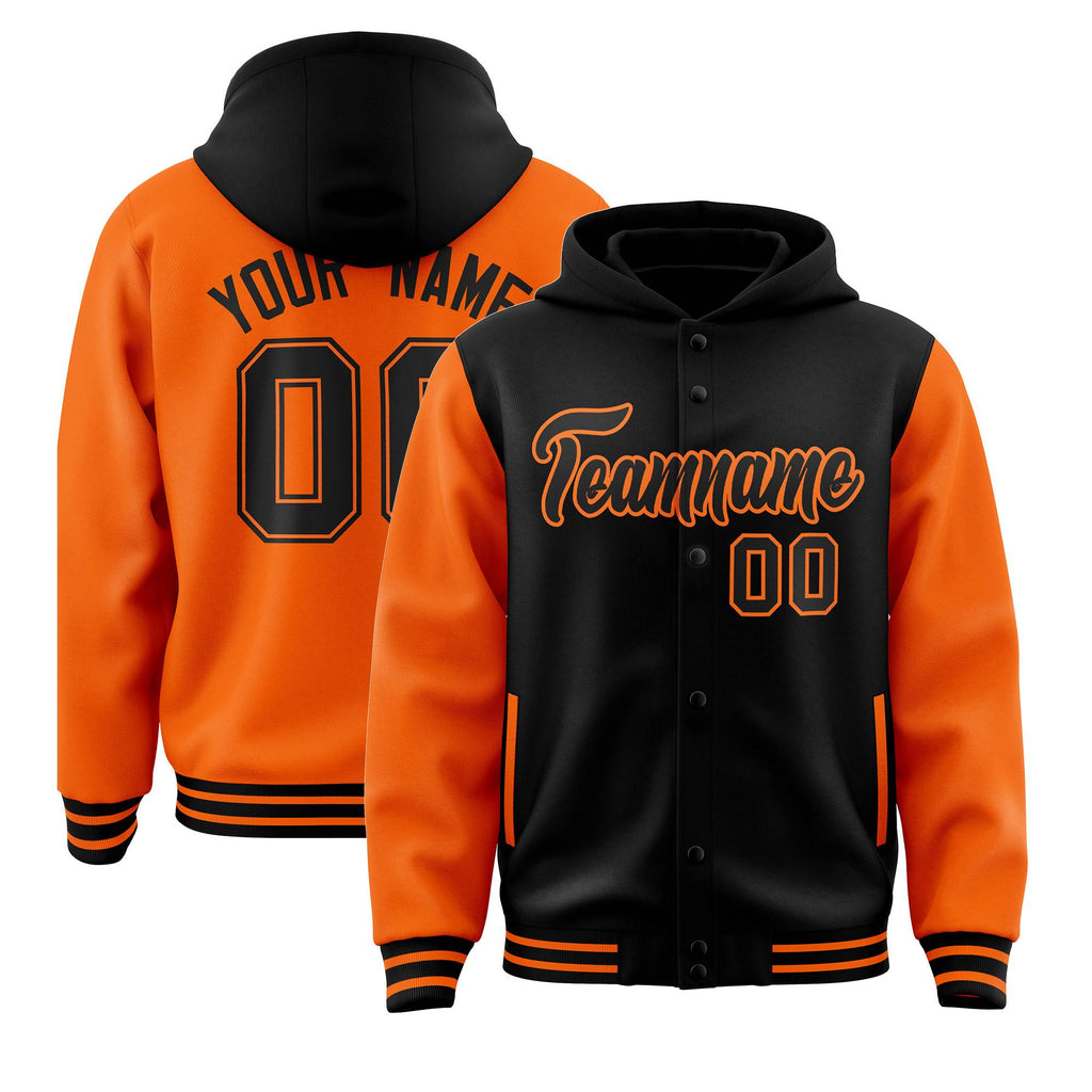 Custom Black Orange Raglan Sleeves Varsity Full-Snap Letterman Two Tone Jacket Hoodie