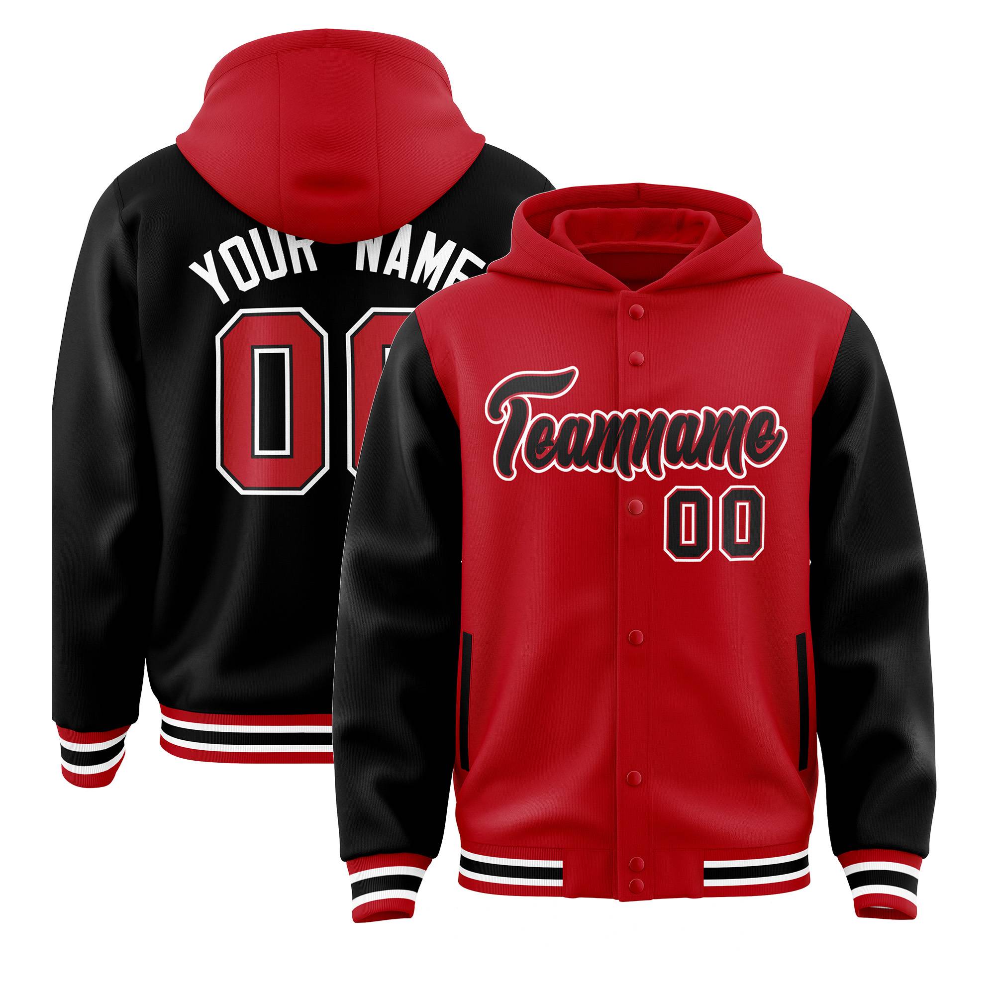 Custom Red Black Raglan Sleeves Varsity Full-Snap Letterman Two Tone Jacket Hoodie