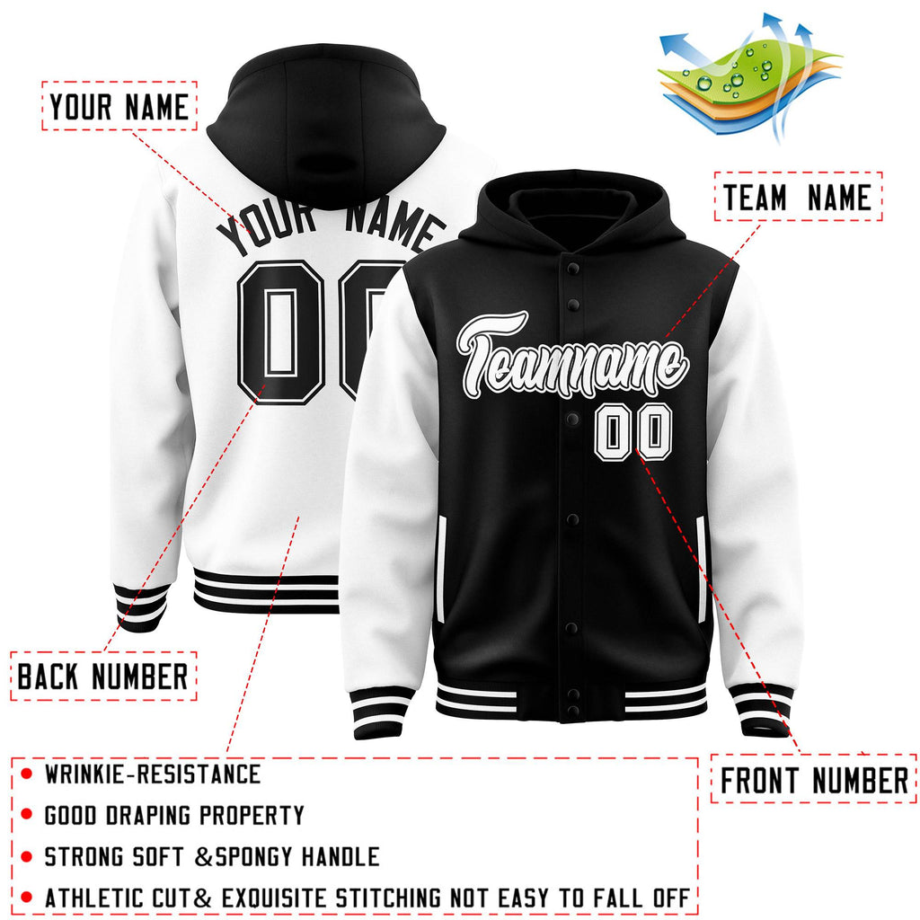 Custom Black White Raglan Sleeves Varsity Full-Snap Letterman Two Tone Jacket Hoodie