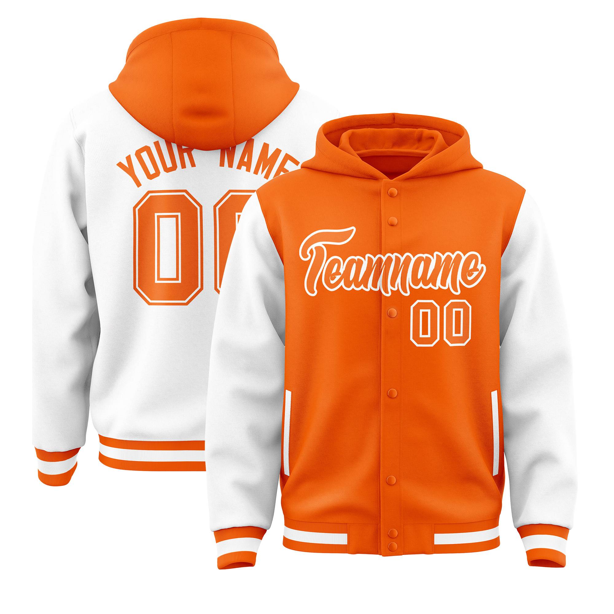 Custom Orange White Raglan Sleeves Varsity Full-Snap Letterman Two Tone Jacket Hoodie