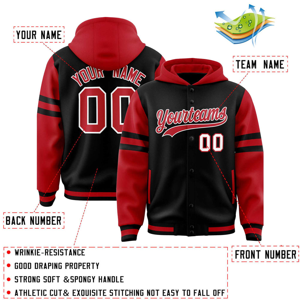 Custom Black Red Raglan Sleeves Varsity Full-Snap Letterman Three Stripes Jacket Hoodie