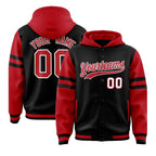 Custom Black Red Raglan Sleeves Varsity Full-Snap Letterman Three Stripes Jacket Hoodie
