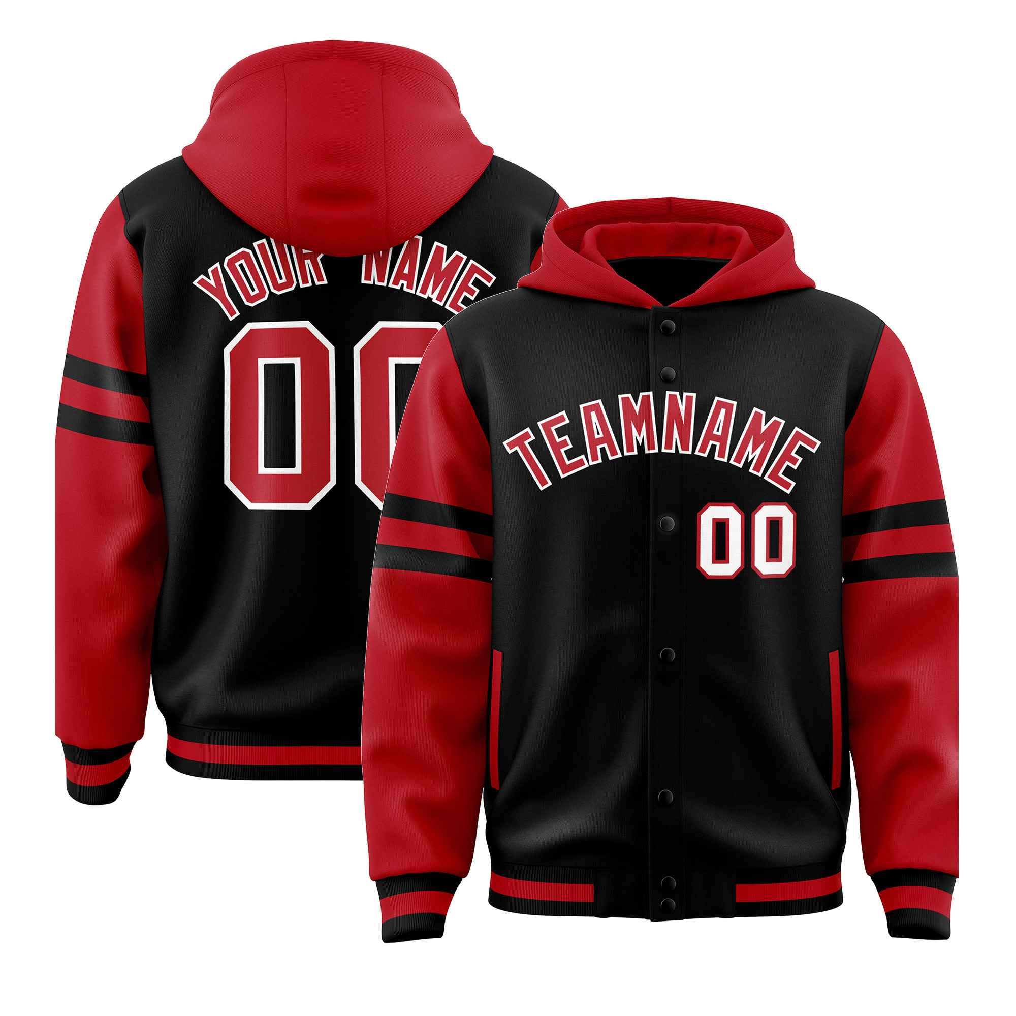 Custom Black Red Raglan Sleeves Varsity Full-Snap Letterman Three Stripes Jacket Hoodie