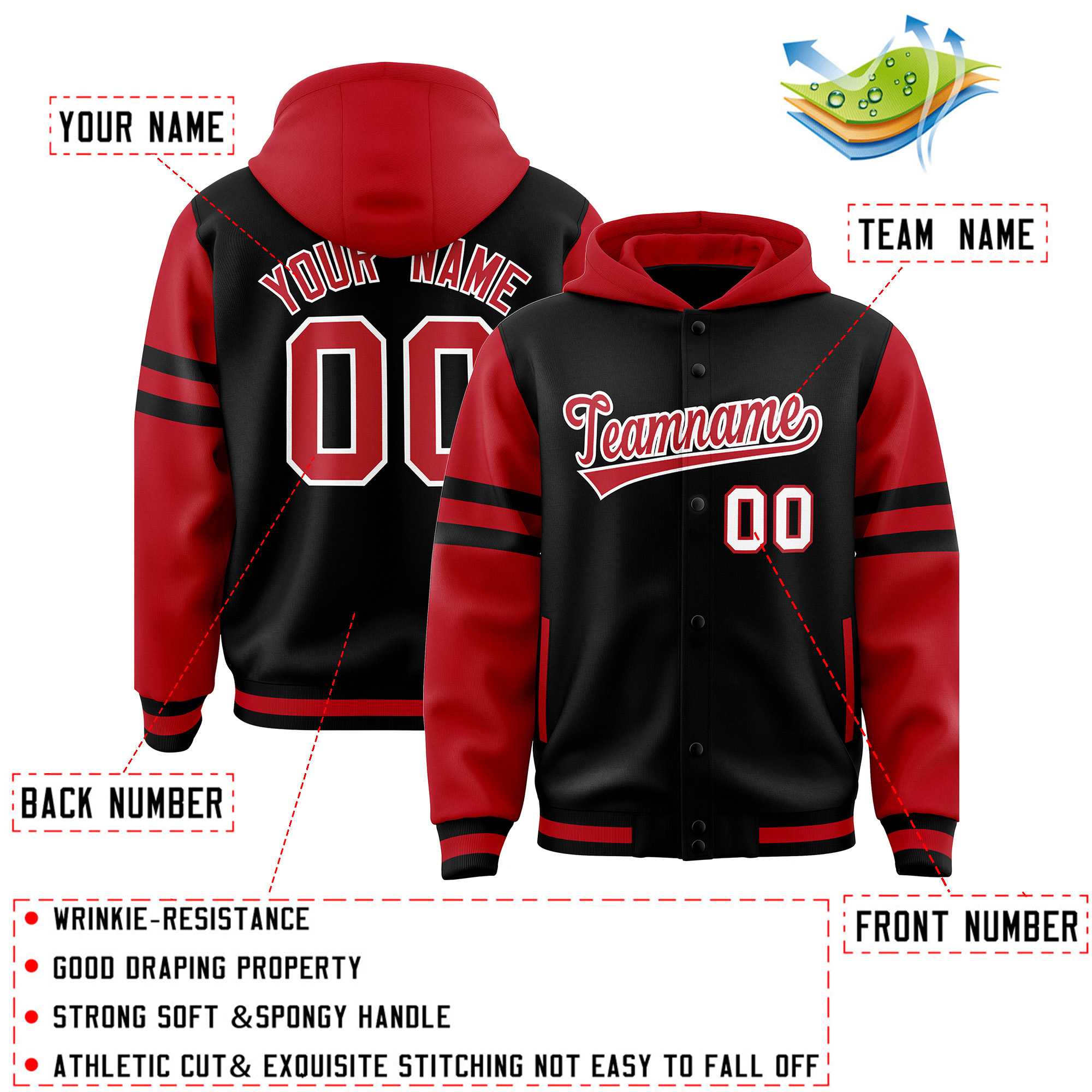 Custom Black Red Raglan Sleeves Varsity Full-Snap Letterman Three Stripes Jacket Hoodie