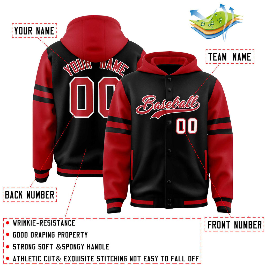 Custom Black Red Raglan Sleeves Varsity Full-Snap Letterman Three Stripes Jacket Hoodie