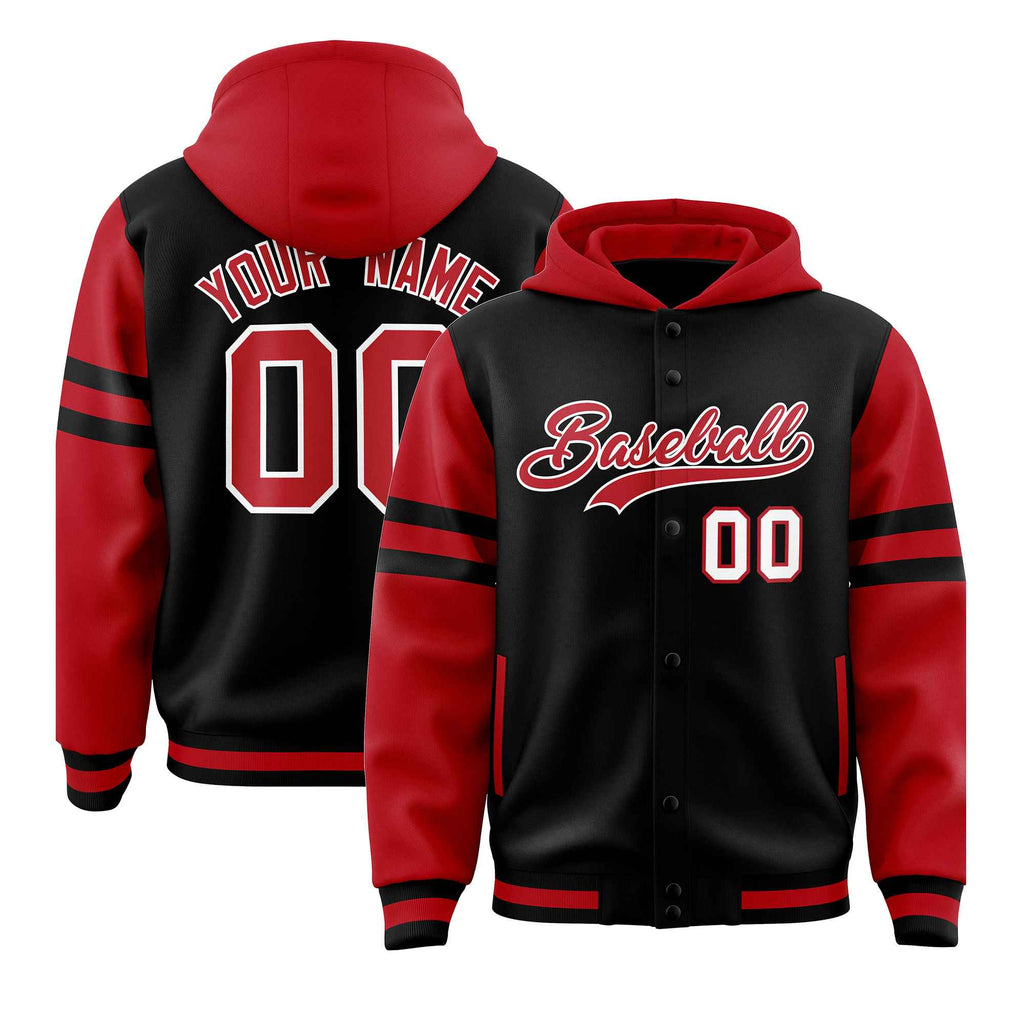 Custom Black Red Raglan Sleeves Varsity Full-Snap Letterman Three Stripes Jacket Hoodie