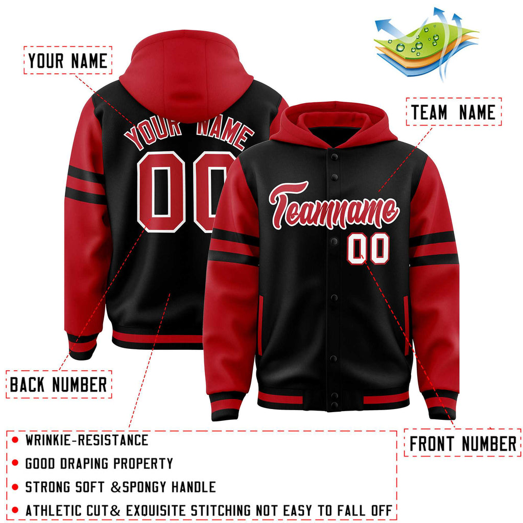 Custom Black Red Raglan Sleeves Varsity Full-Snap Letterman Three Stripes Jacket Hoodie