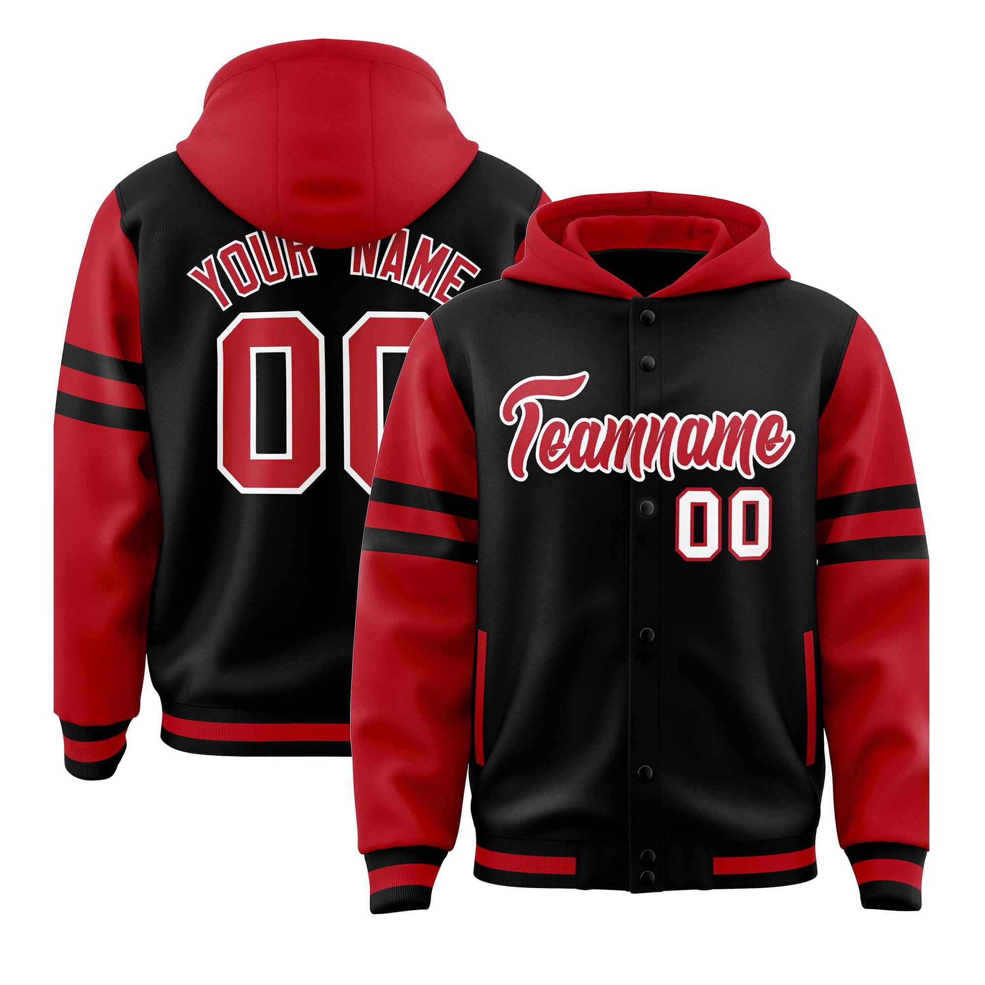 Custom Black Red Raglan Sleeves Varsity Full-Snap Letterman Three Stripes Jacket Hoodie