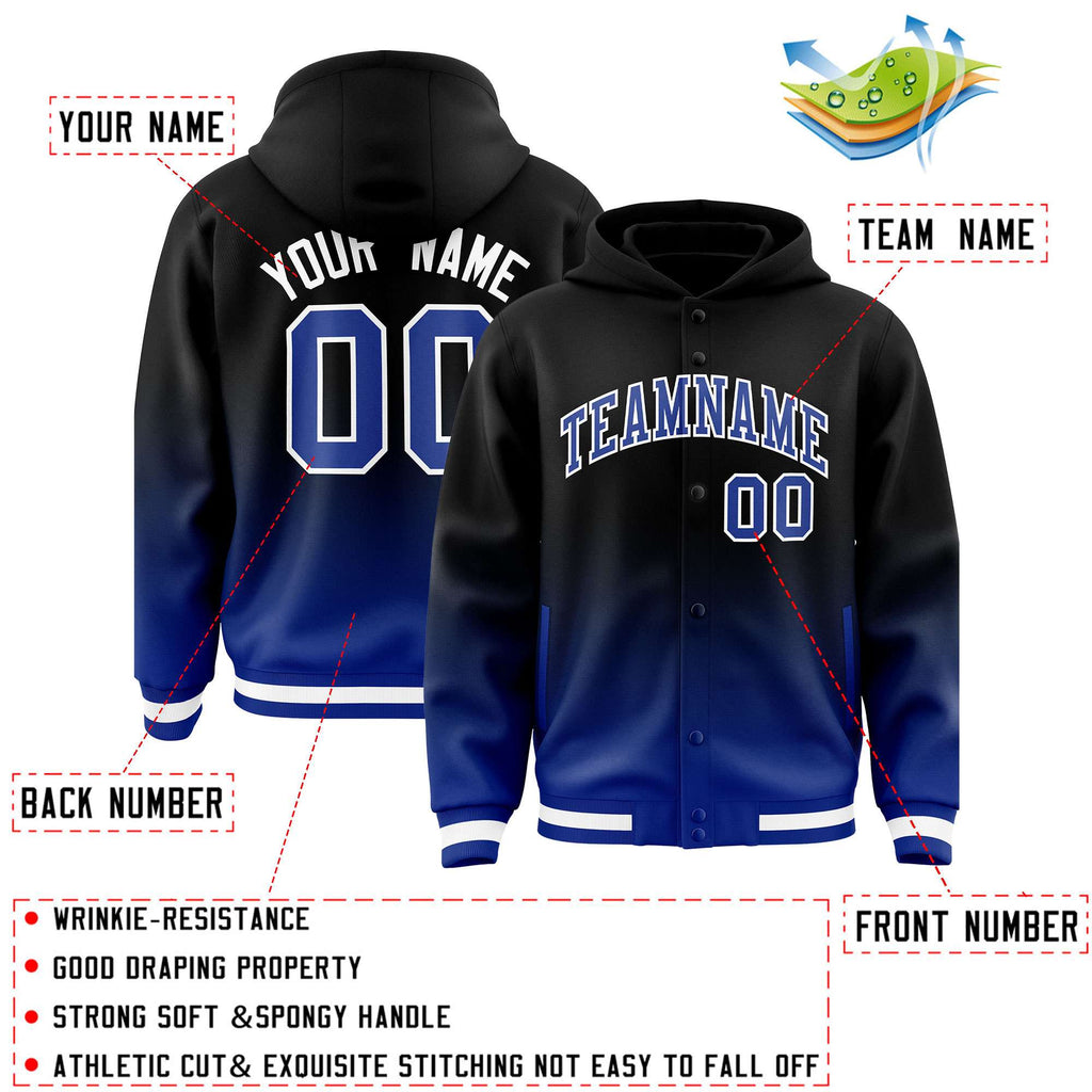 Custom Black Royal Varsity Full-Snap Letterman Gradient Jacket Hoodie