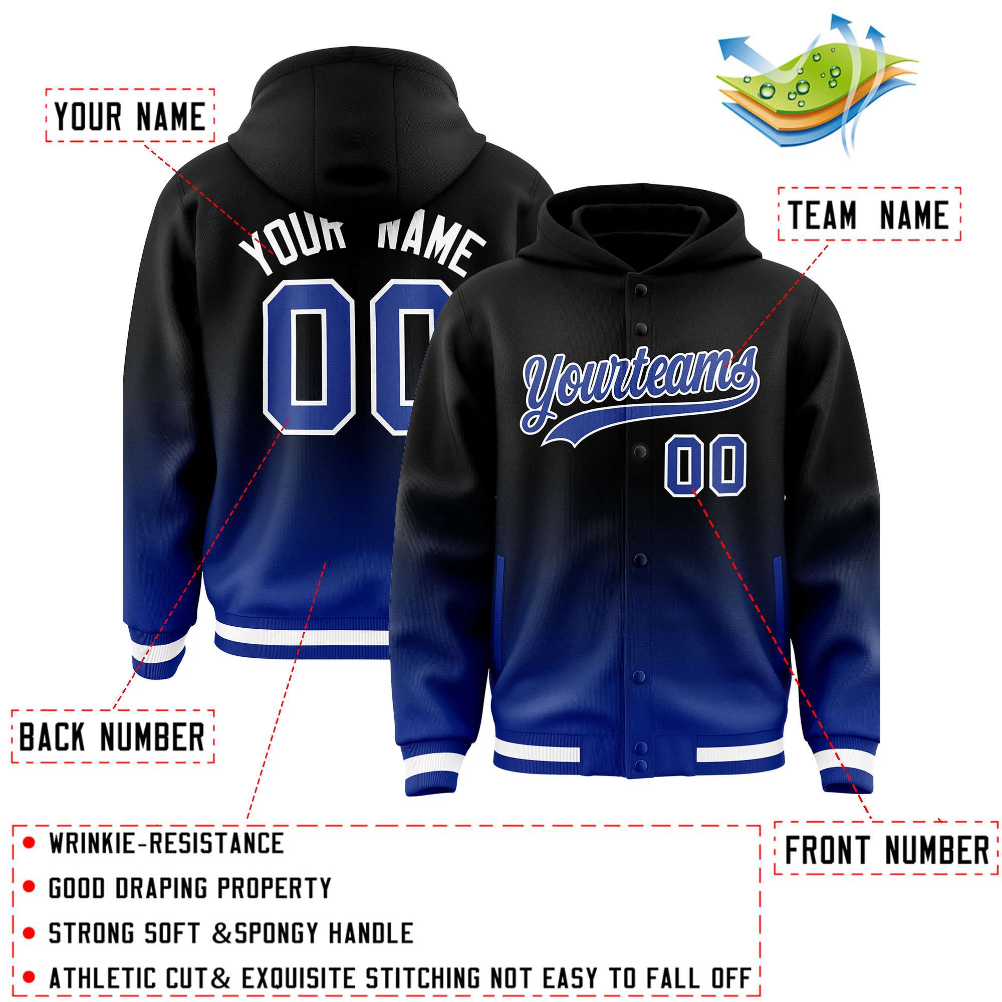 Custom Black Royal Varsity Full-Snap Letterman Gradient Jacket Hoodie