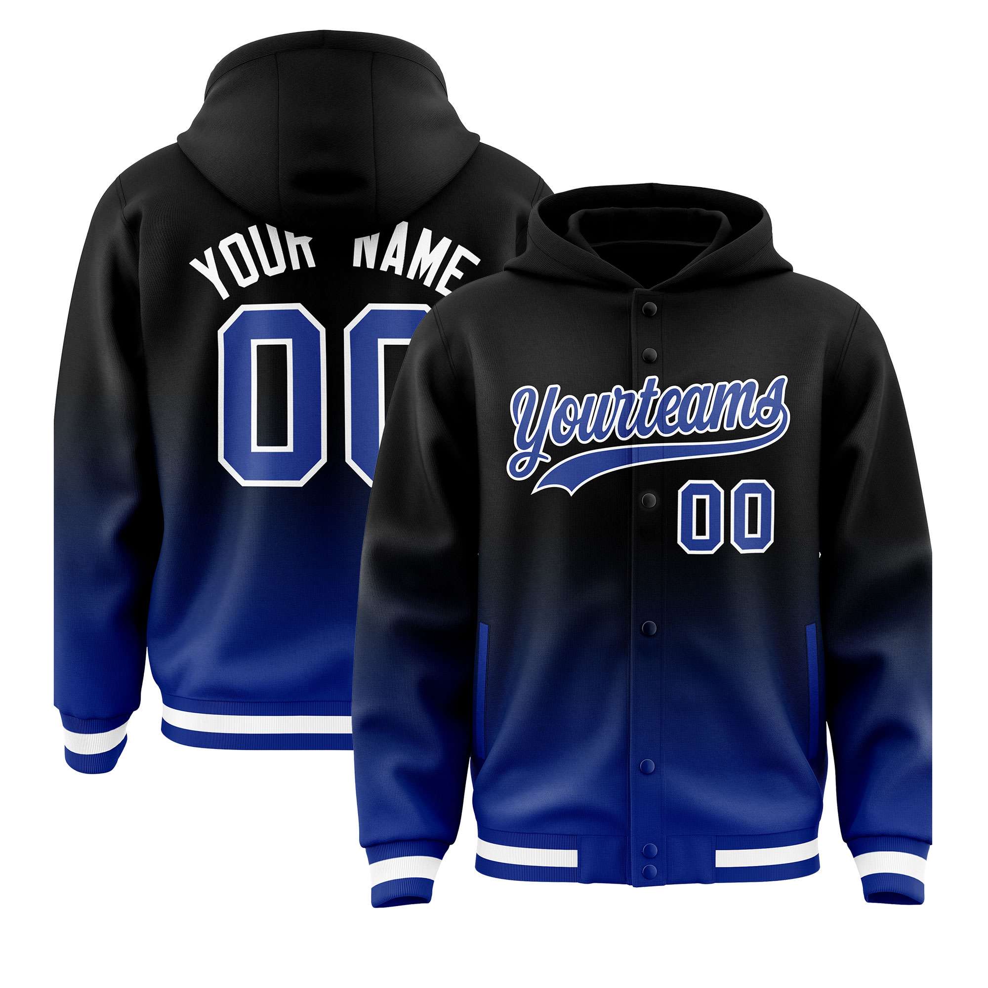 Custom Black Royal Varsity Full-Snap Letterman Gradient Jacket Hoodie