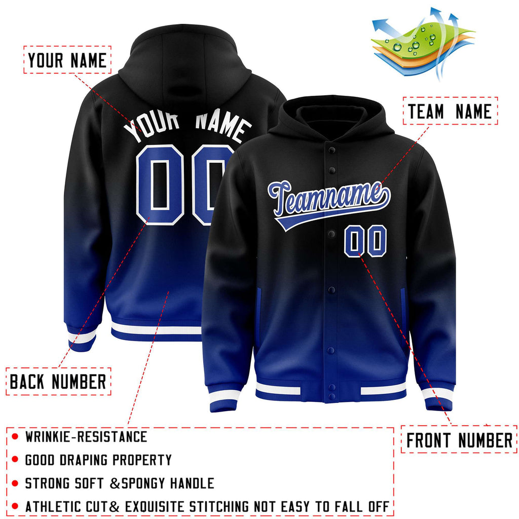 Custom Black Royal Varsity Full-Snap Letterman Gradient Jacket Hoodie