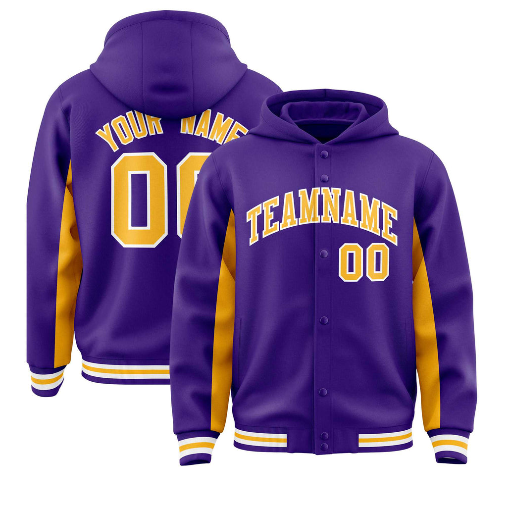 Custom Purple Gold Color Block Varsity Full-Snap Letterman Jacket Hoodie