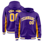 Custom Purple Gold Color Block Varsity Full-Snap Letterman Jacket Hoodie