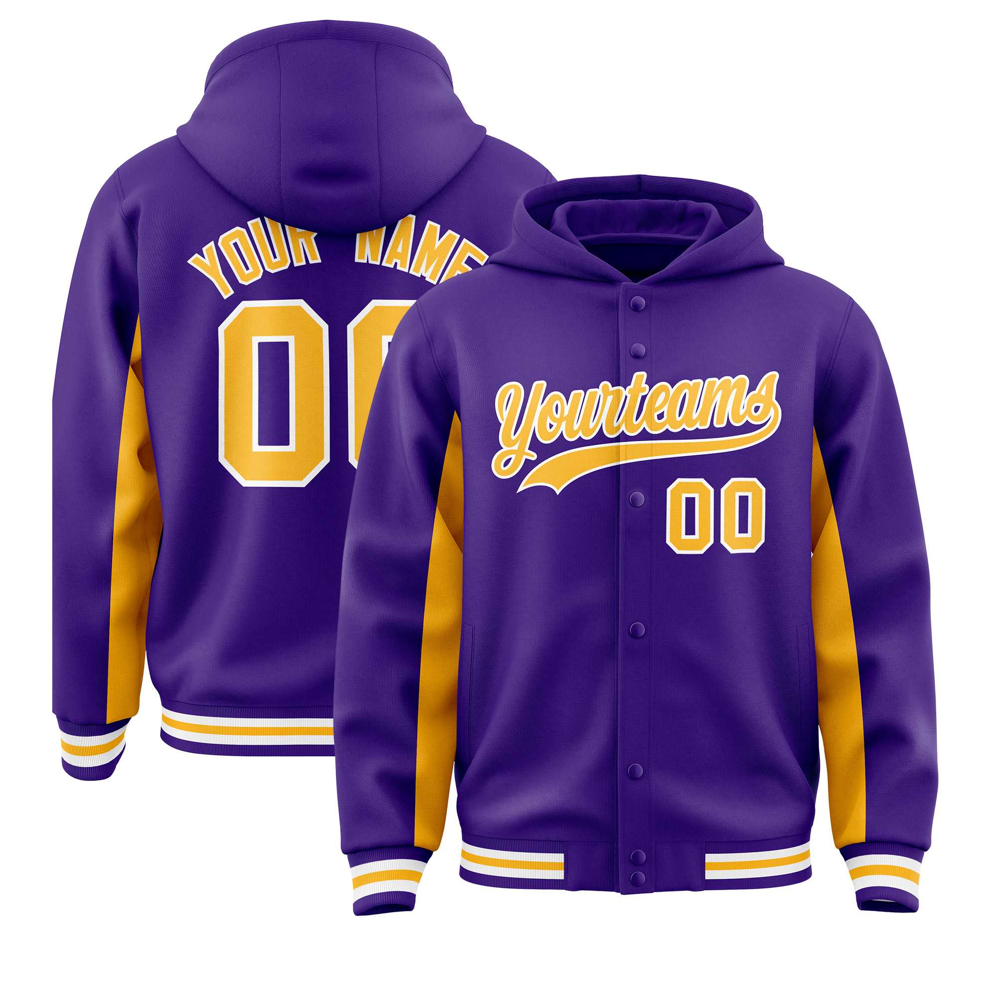 Custom Purple Gold Color Block Varsity Full-Snap Letterman Jacket Hoodie