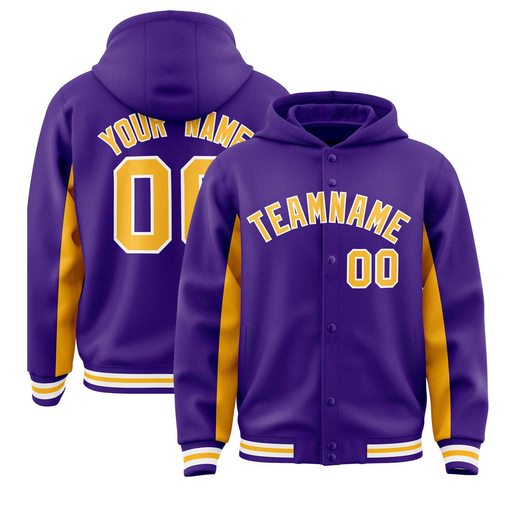 Custom Purple Gold Color Block Varsity Full-Snap Letterman Jacket Hoodie