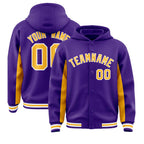 Custom Purple Gold Color Block Varsity Full-Snap Letterman Jacket Hoodie