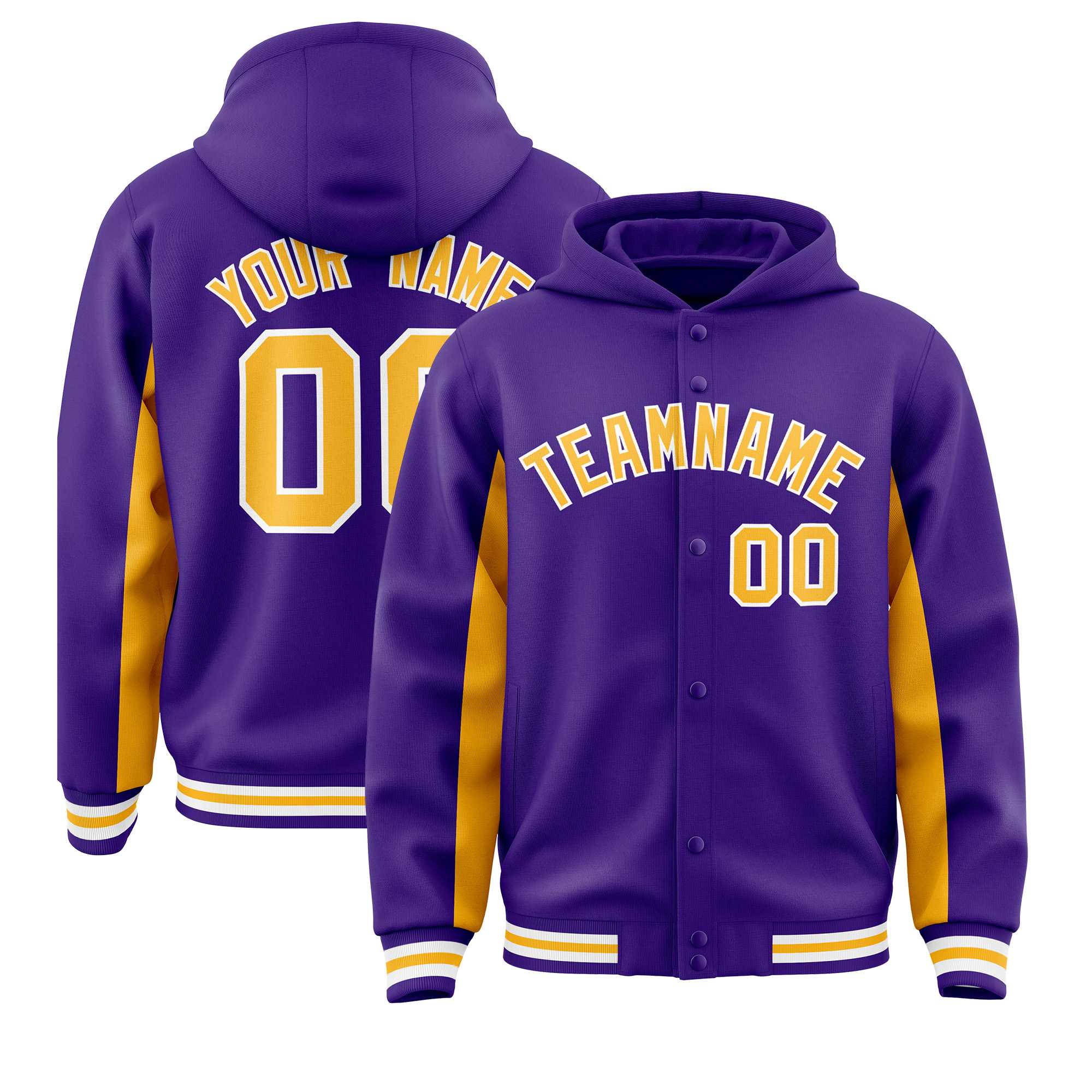 Custom Purple Gold Color Block Varsity Full-Snap Letterman Jacket Hoodie