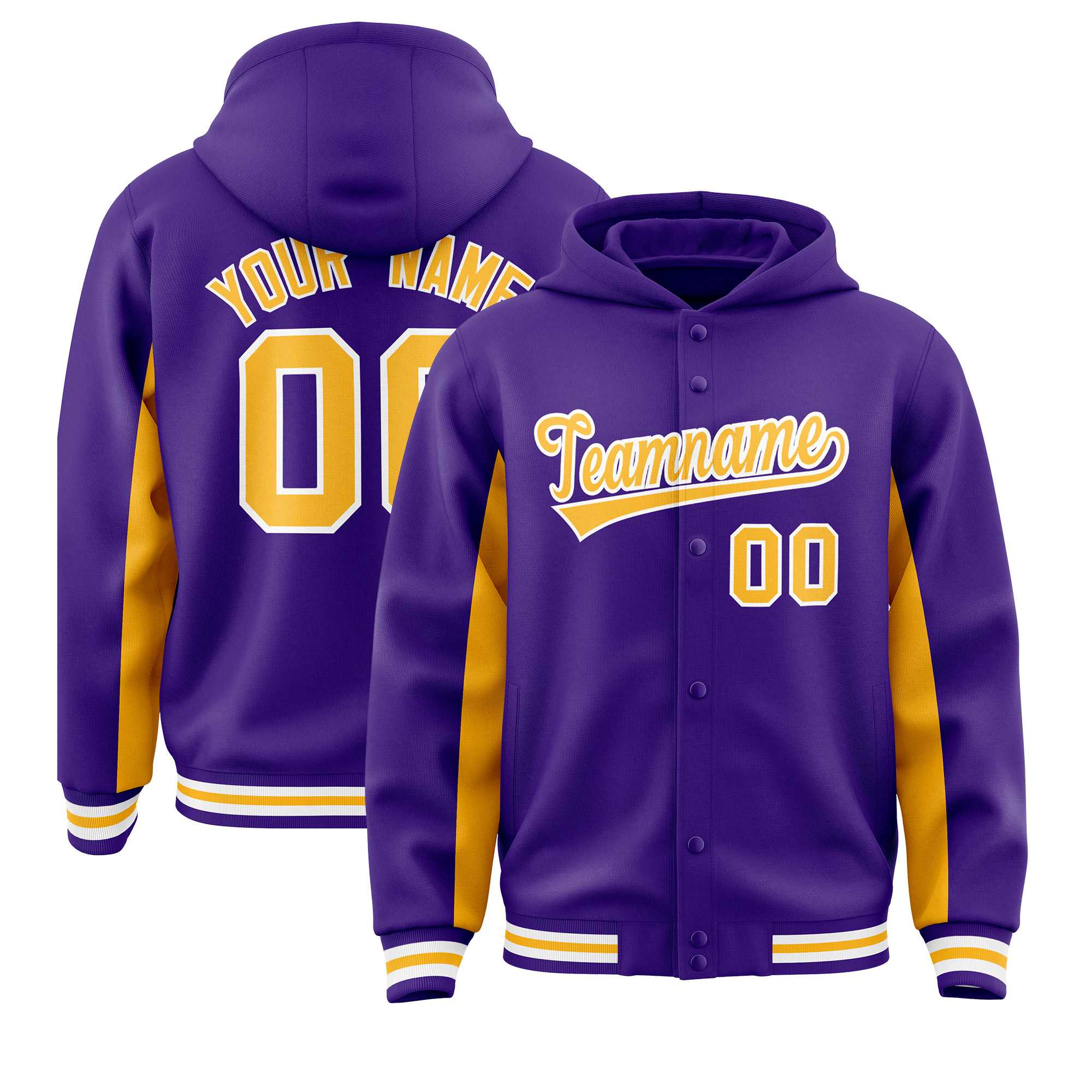 Custom Purple Gold Color Block Varsity Full-Snap Letterman Jacket Hoodie Main image