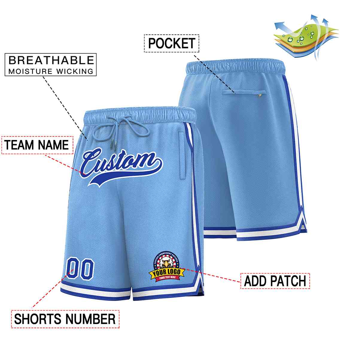 Custom Light Blue Royal-White Classic Style Basketball Mesh Shorts Secondary image