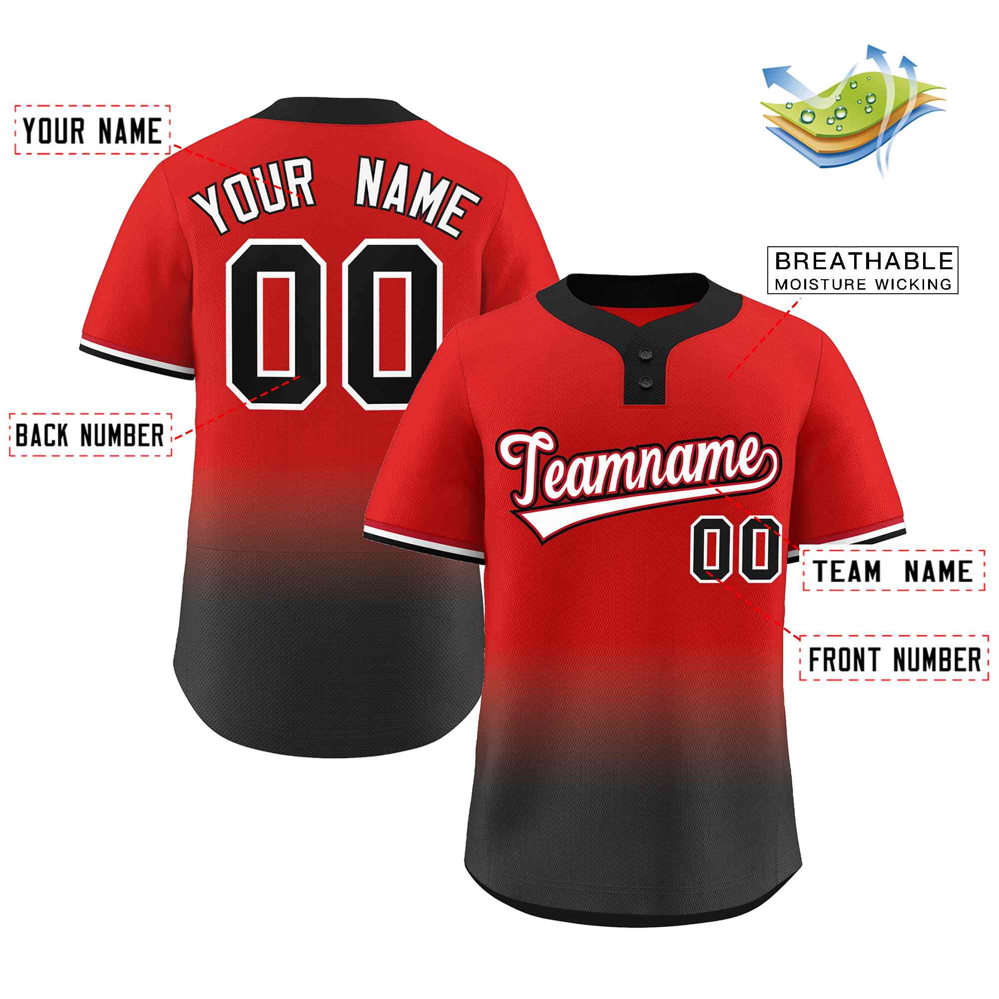 Custom Red Black White-Red Gradient Fashion Authentic Two-Button Softball Jersey Secondary image