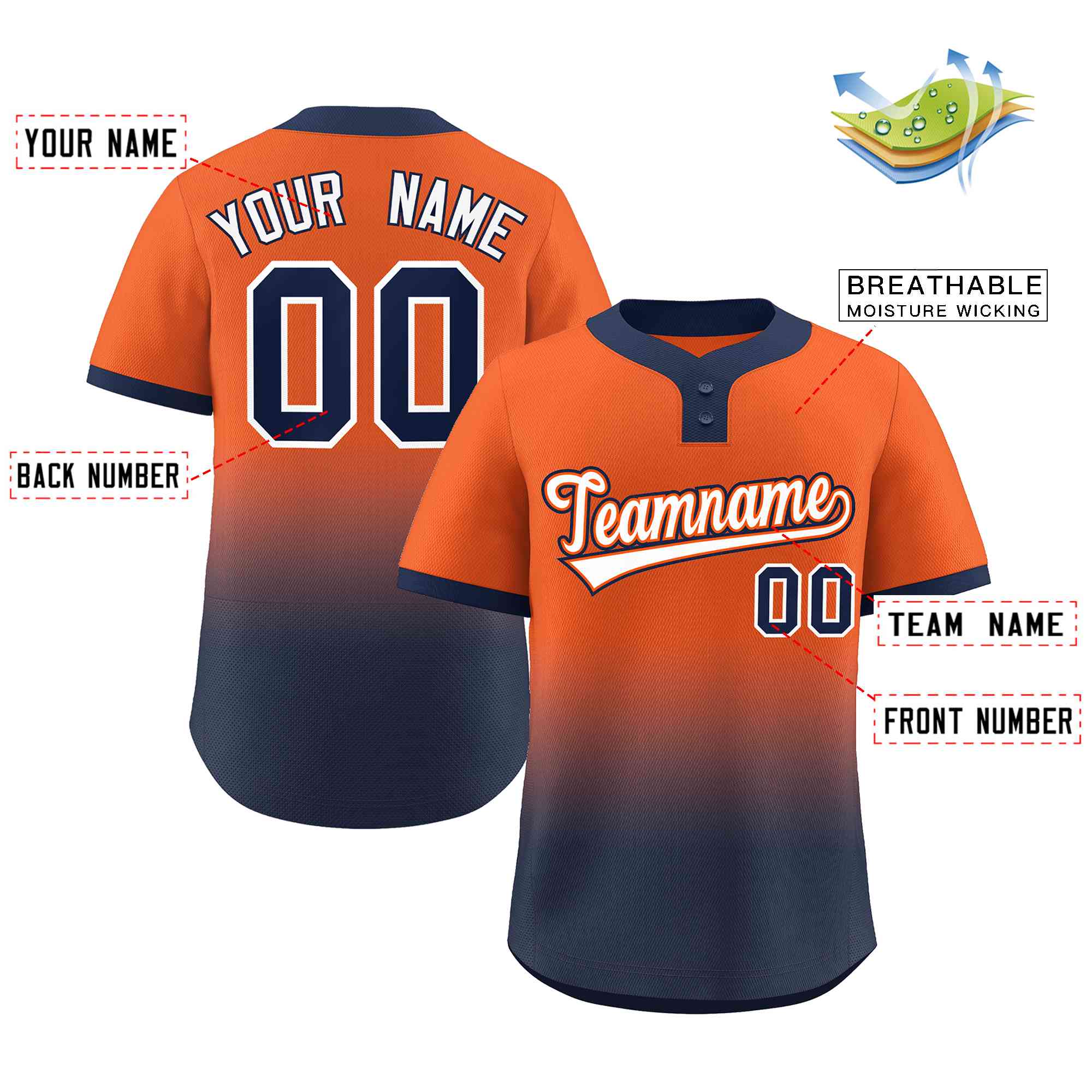 Custom Orange Navy White-Orange Gradient Fashion Authentic Two-Button Softball Jersey