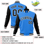 Custom Powder Blue Black-White Raglan Sleeves Varsity Full-Snap Letterman Jacket