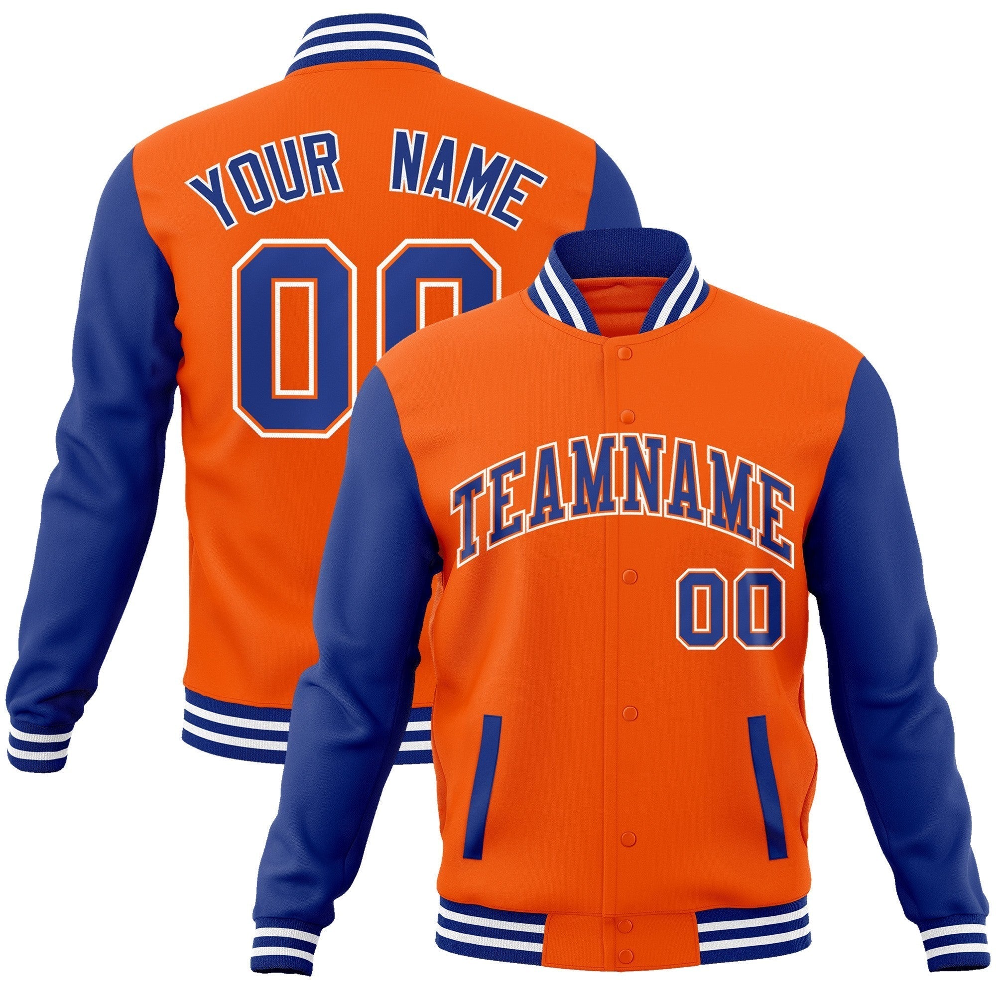 Custom Orange Royal-Orange Raglan Sleeves Varsity Full-Snap Letterman Jacket Main image