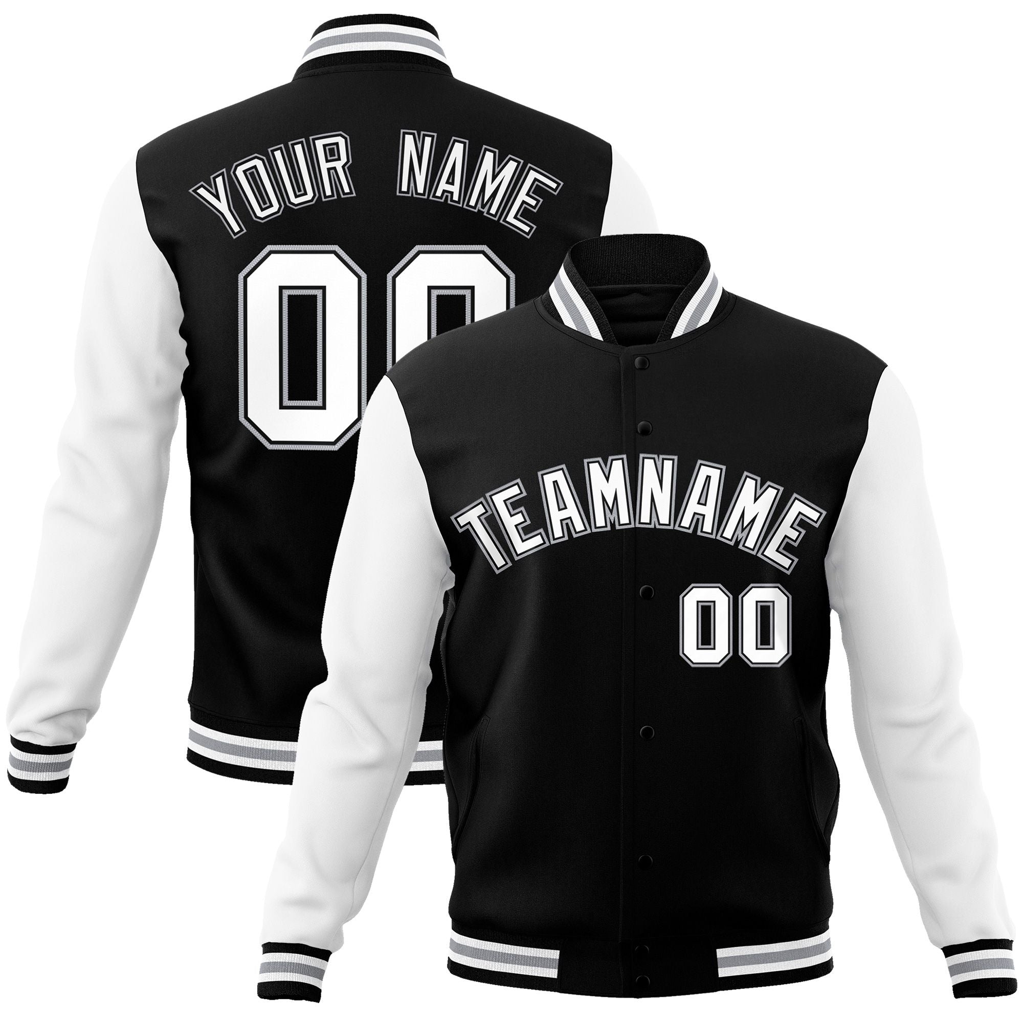 Custom Black White-Black Raglan Sleeves Varsity Full-Snap Letterman Jacket Main image