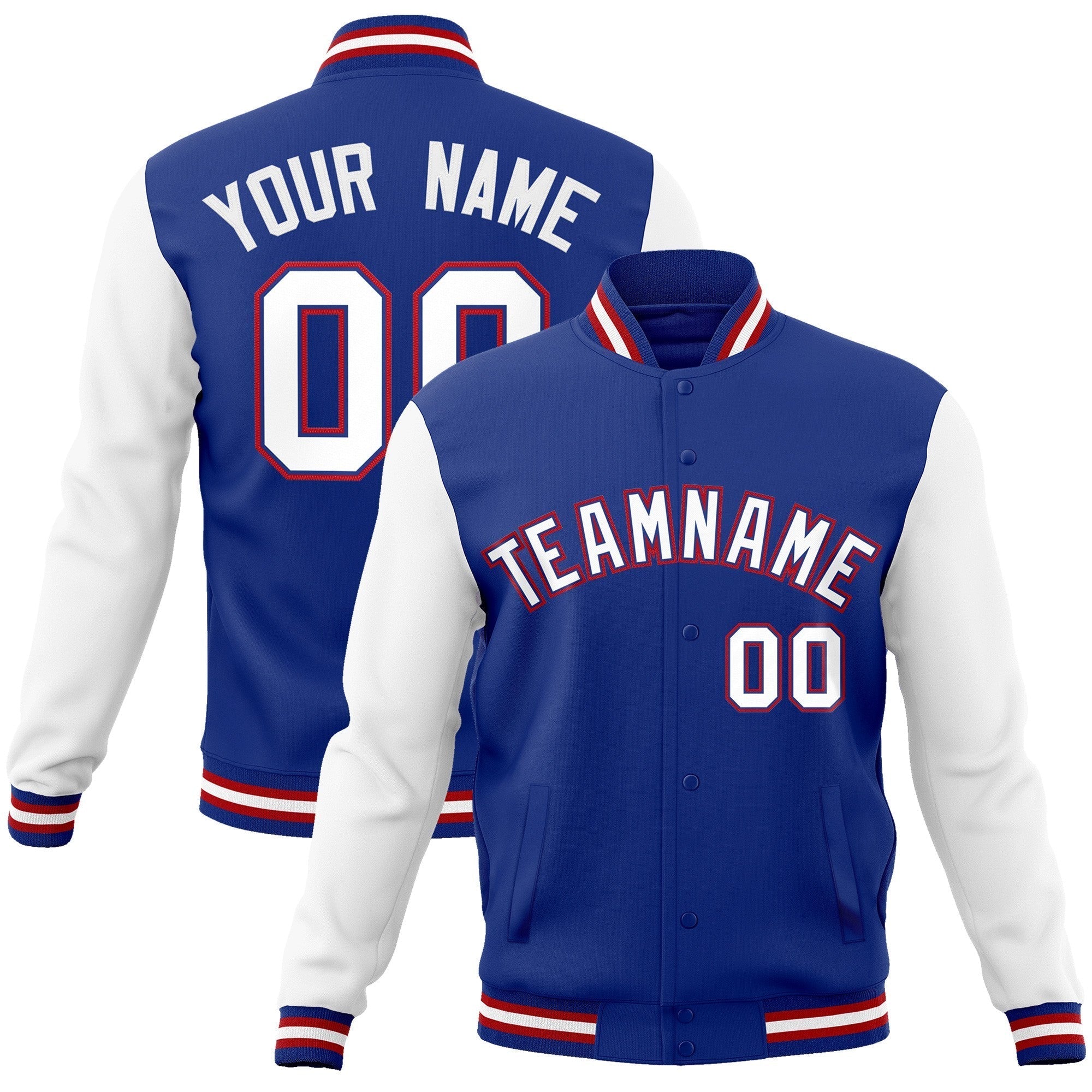 Custom Royal White-Royal Raglan Sleeves Varsity Full-Snap Letterman Jacket Main image