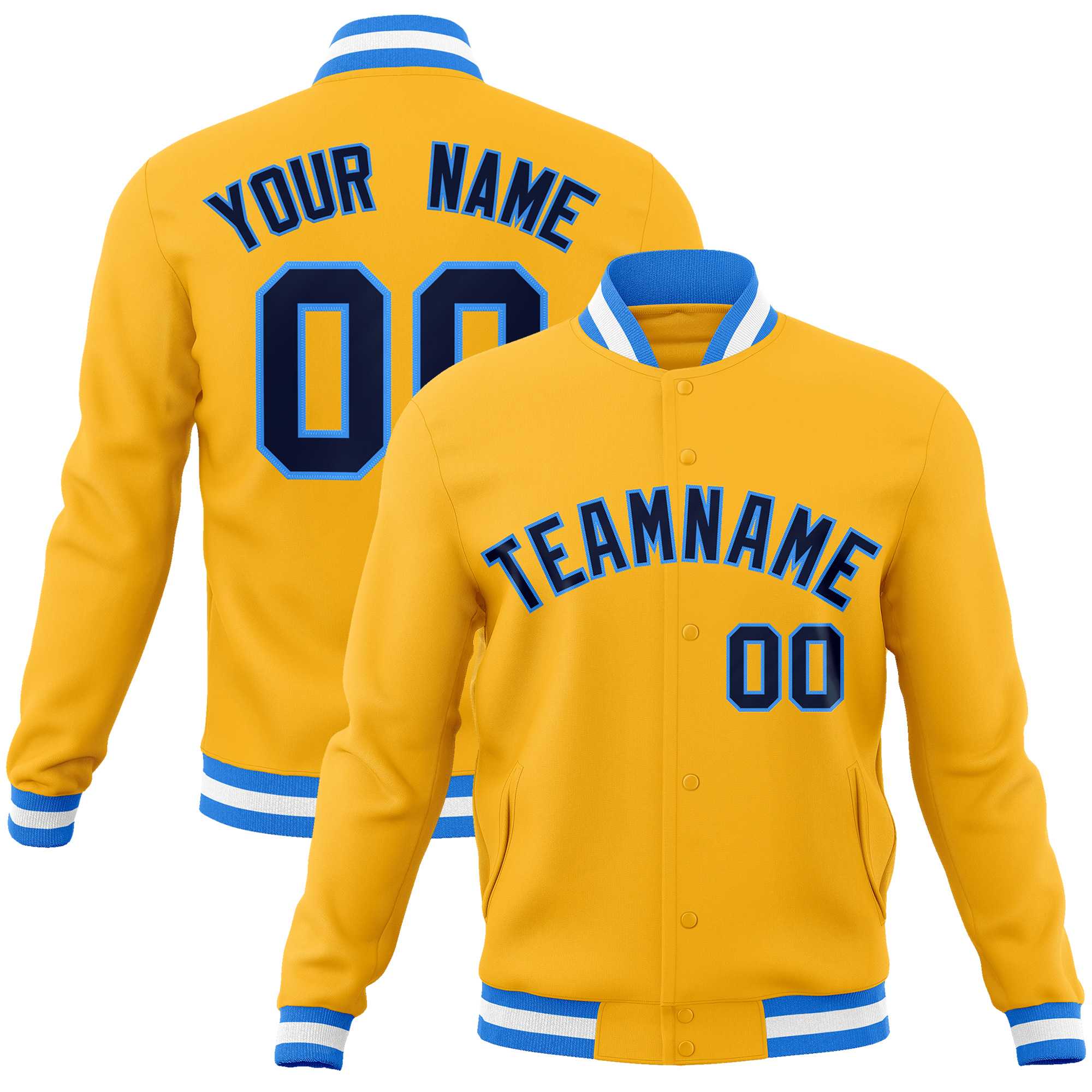 Custom Yellow Navy-Powder Blue Classic Style Varsity Full-Snap Letterman Jacket Main image