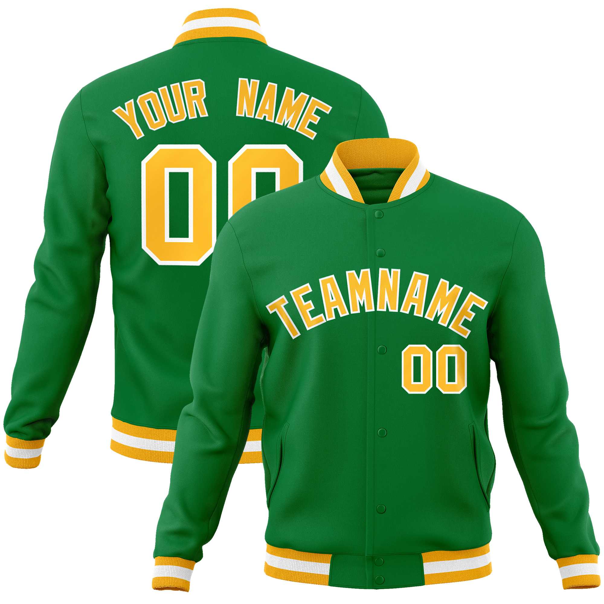 Custom Kelly Green Gold-White Classic Style Varsity Full-Snap Letterman Jacket Main image