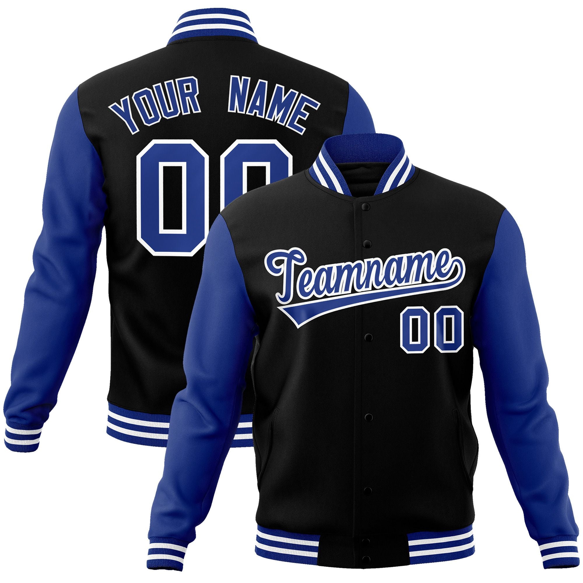 Custom Black Royal-White Raglan Sleeves Varsity Full-Snap Letterman Jacket Main image