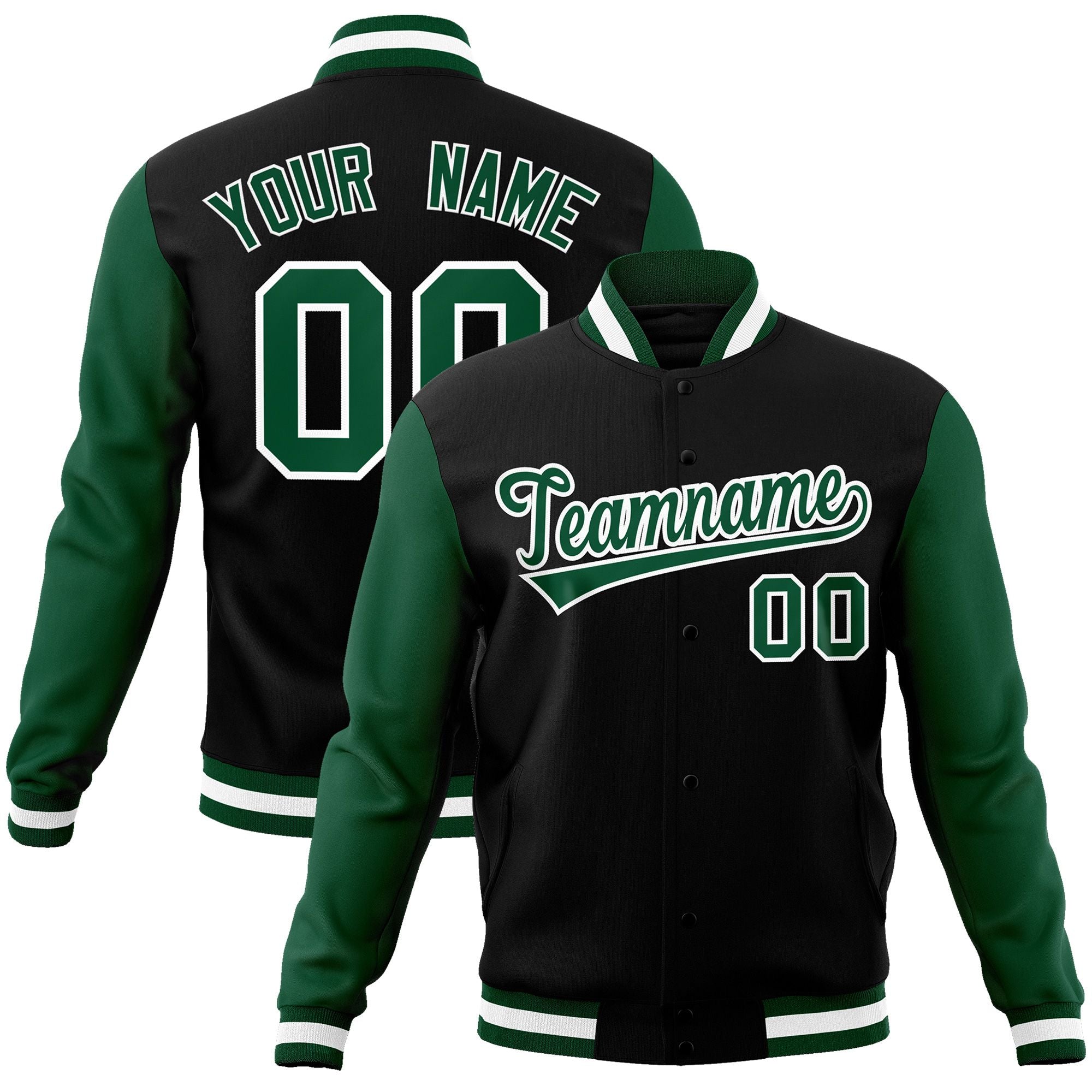 Custom Black Green-White Raglan Sleeves Varsity Full-Snap Letterman Jacket Main image