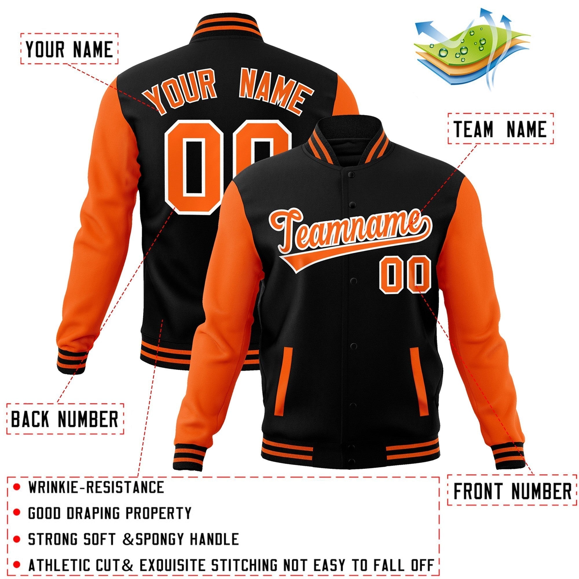 Custom Personalized Varsity Raglan Sleeves Letterman Baseball Jacket Stitched Name Number