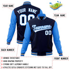 Custom Navy White-Powder Blue Raglan Sleeves Varsity Full-Snap Letterman Jacket