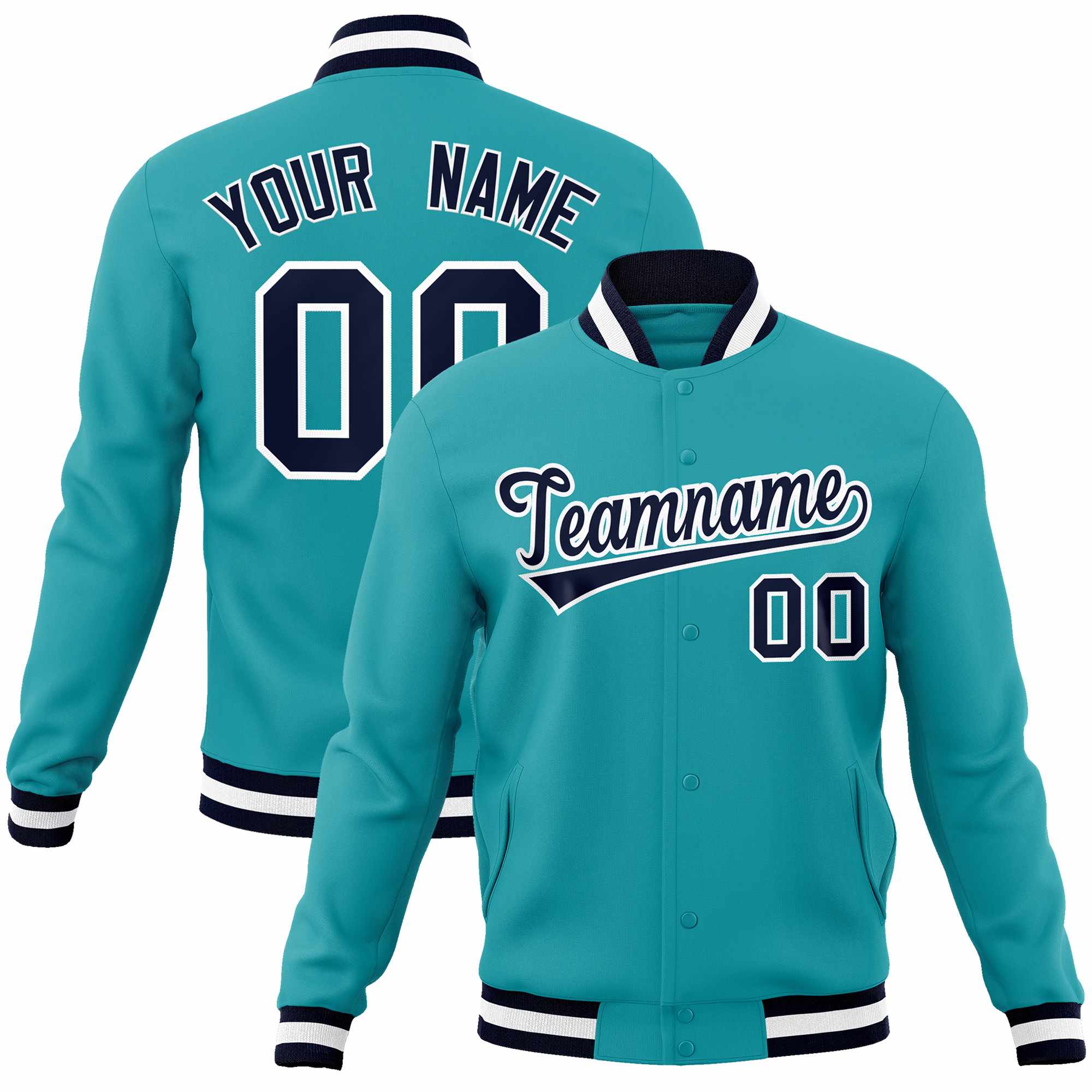 Custom Aqua Navy-White Classic Style Varsity Full-Snap Letterman Jacket Main image