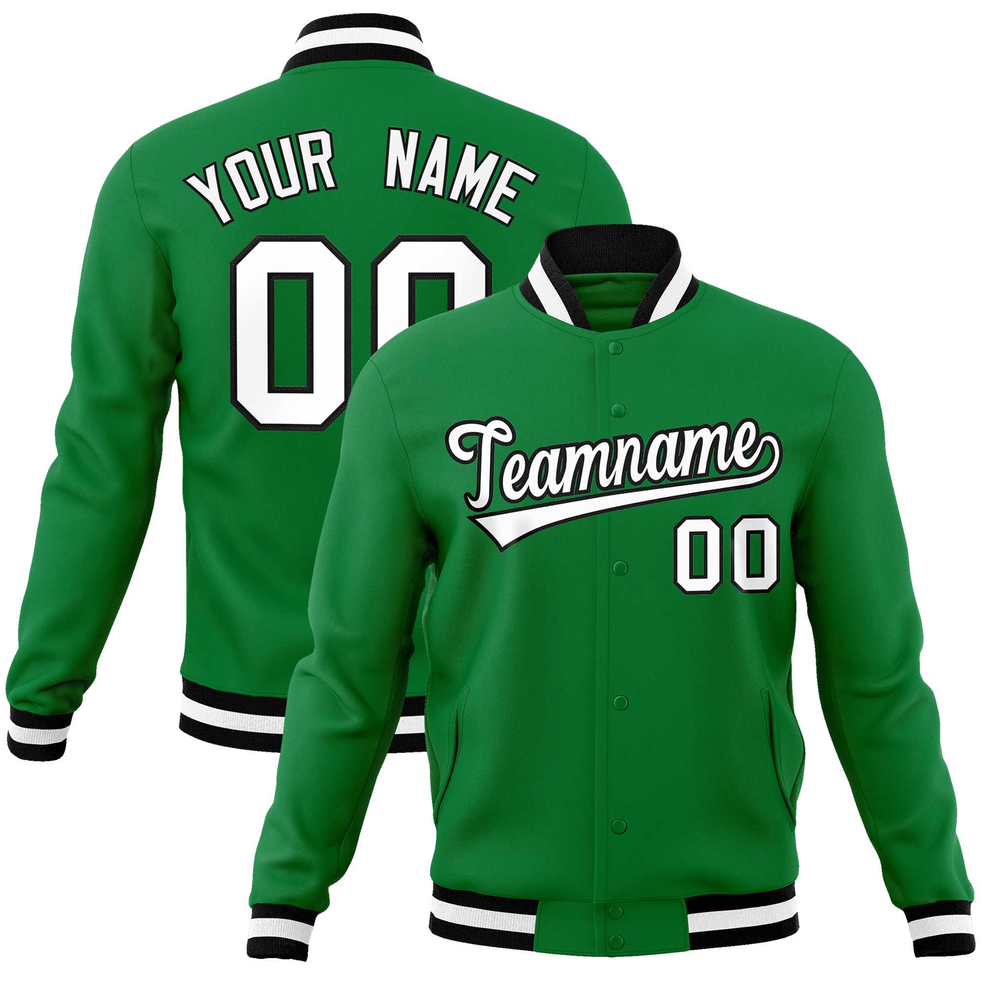 Custom Kelly Green White-Black Classic Style Varsity Full-Snap Letterman Jacket Main image