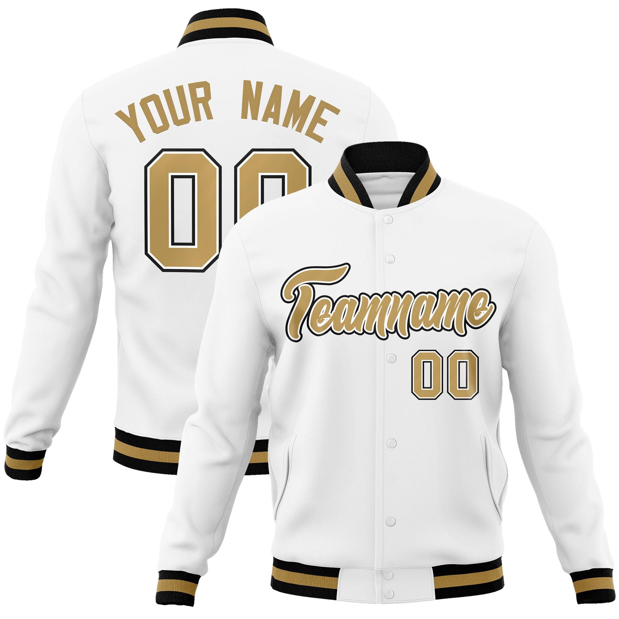 Custom White Old Gold-White Classic Style Varsity Full-Snap Letterman Jacket Main image