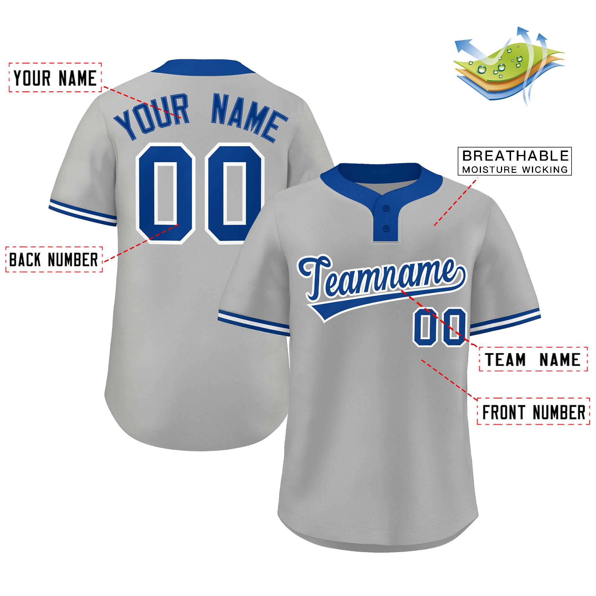 Custom Gray Royal-White Classic Style Authentic Two-Button Softball Jersey Secondary image