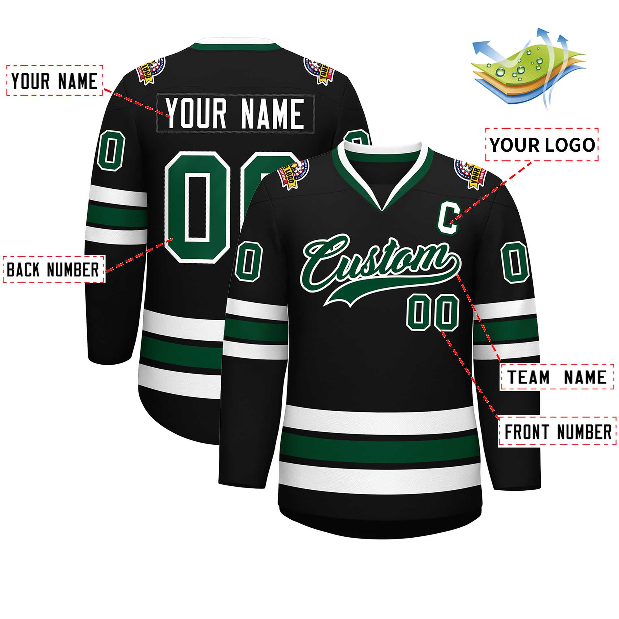 Custom Black Green-White Classic Style Hockey Jersey Secondary image